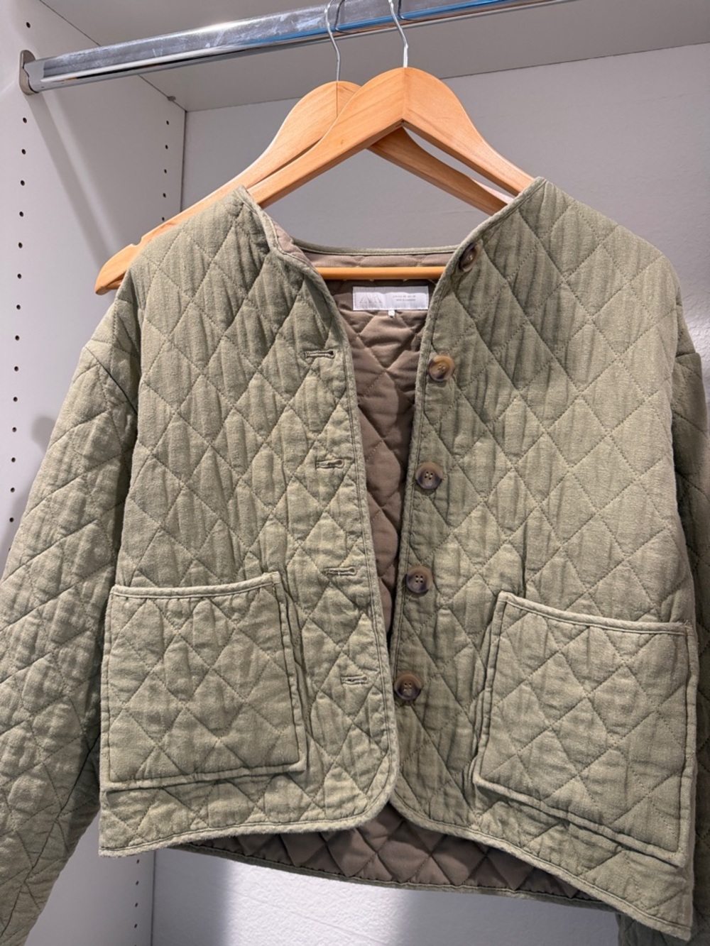 Used Zara Olive Green Quilted Button-Up Jacket